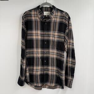 Public School Plaid Long Sleeve Button-Up Shirt Mens M Black Beige Collared Neck